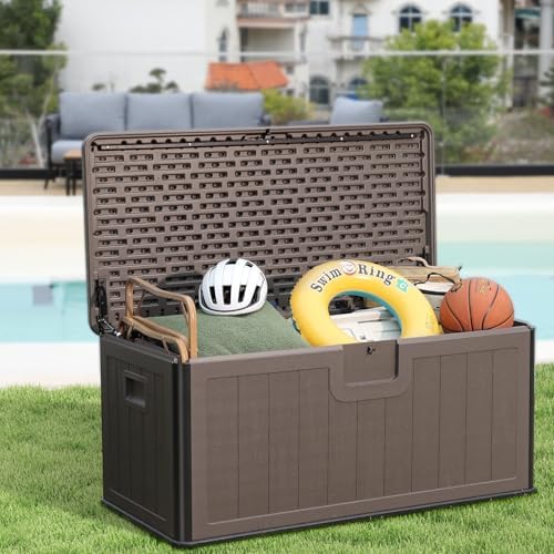 Outdoor Storage Deck Box 100 Gallon, UV Resistant & Waterproof Deck Box with Double-Wall Construction, Lockable Storage Bins Container for Pool Patio Garden