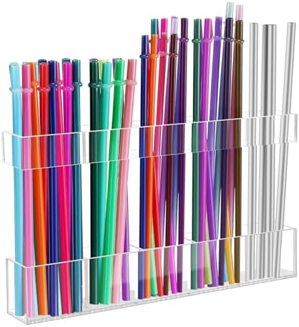 9.5β Large Acrylic Straw Holder for Cabinet Door - Reusable Tumbler Straw Organizer Storage, Small Kitchen Accessories Container, Ultra Sticky Cupboard Door Mounted (Transparent)