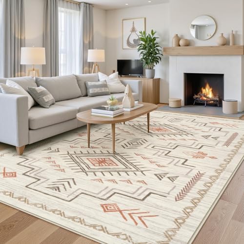 STARUIA Washable 8x10 Area Rug for Living Room, Beige Western Aztec Tribal Moroccan Area Rug, Boys Neutral Rug for Bedroom, Soft Non-Slip Non-Shedding Large Carpet Under Dining Table Home Office