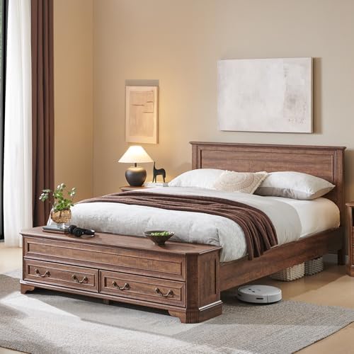 T4TREAM Farmhouse Queen Bed with Headboard and Storage Bench, Rustic Wood Platform Bed with 64" Storage Chest w/ 4 Large Drawer, Dark Brown