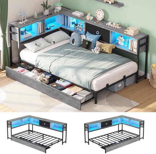 Hasuit Corner Bed Frame Twin XL with Storage Drawers and Bookcase Headboard, Twin xl Metal Platform Corner Bed Frame with Charging Station and LED Lights, Twin XL Daybed for Kids Teens Guests,Oak Gray