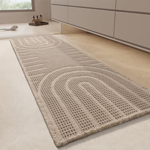 AMOAMI Waffle Bath Runner Rug,Super Absorbent Bath Mats for Bathroom,Non Silp Machine Washable Bathroom Mat,Soft Long Bathroom Rugs with Tassels Front of Bathtub, Sink, Brown 24"x72"