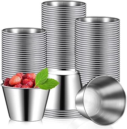 100 Pcs 2.5oz Metal Ramekins Stainless Steel Sauce Dipping Cups Ramekins Bulk Sauce Container Round Dipping Bowls Condiment Cup for Dish Butter Kitchen Restaurant Serving Party Dinner Cooking