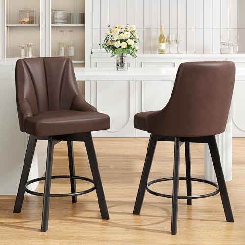 Swivel Bar Stools with Backs, 24" Counter Height Bar Stools Set of 2, PU Leather Upholstered Counter Barstools with Solid Wood Legs for Kitchen Island, Home Bar, Brown