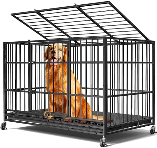 48" Heavy Duty Dog Crates for Large Dogs, Escape Proof, Upgraded 4 Lockable Wheels, Removable Door, Dog Kennel Indoor, Max Load 300Lbs, Easy to Clean, XL Dog Cage for High Anxiety Dogs