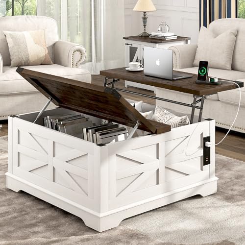 36" Farmhouse Movable Lift Top Coffee Table with Storage and Power Outlets, Square Wood Living Room Tables with Wheels&Large Hidden Space, Lift Wooden Barn Door Center Table, White