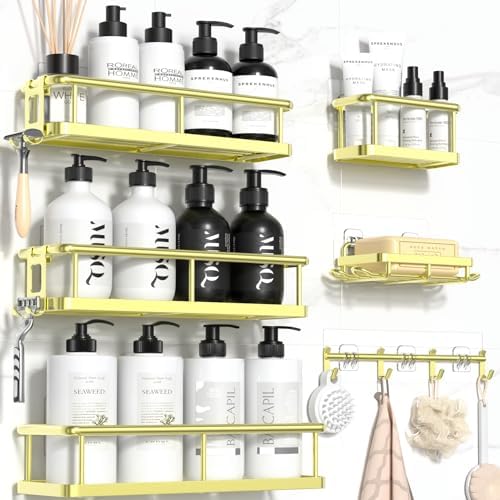 YASONIC Shower Caddy, 6 Pack Large Capacity Bath Organizer with Soap Holder and 12 Hooks, Rustproof Shower Shelves for Inside Shower, No Drilling&Sleek Bathroom Organizers and Storage Gold