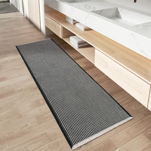 AMOAMI Upgraded Waffle Runner Rug Super Absorbent Non Slip Bath Mats for Bathroom Machine Washable Bathroom Runner Rug with Tassels, Ideal for Hallway Bedroom Laundry Room, 2' x 4', Black & Cream