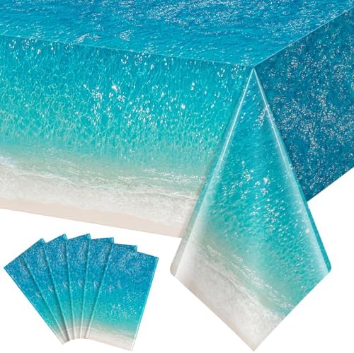 6Pcs Ocean Waves Tablecloth, Ocean Water Print Tablecloths Summer Disposable Plastic Table Covers for Beach Surf Pool Sea Themed Party Birthday Decorations,54X108inch