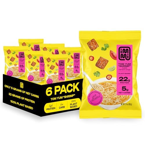 immi Tom Yum "Shrimp" Ramen, 100% Plant Based, Keto Friendly, Low Carb, High Protein, Packaged Noodle Meal Kit, Ready to Eat, 6 Pack