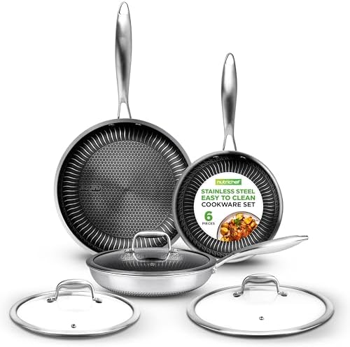 NutriChef 6-Piece Tri-Ply Stainless Steel Frying Pan Set – 8", 10", 12" Non-Stick Skillets with Lids, Induction Compatible, Oven Safe, Scratch-Resistant, Dishwasher Safe