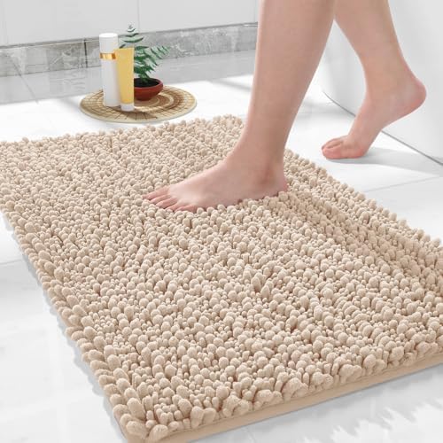 Yimobra Bathroom Rugs Non Slip Washable 32x20 Inch - Ultra Soft Absorbent Chenille Bath Mat, Quick Dry Shaggy Floor Carpet for Tub Shower, Light Brown Home Decor Accessories