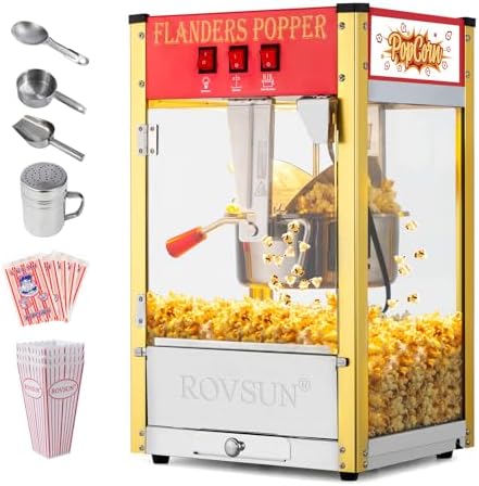 ROVSUN Popcorn Machine with 8 Ounce Kettle Makes Up to 32 Cups ETL Certified, Countertop Popcorn Maker Commercial Popcorn Machine Movie Theater Style w/Scoop, Oil Spoon & 3 Popcorn Cups