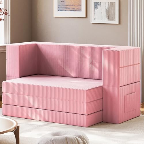 LIKIMIO Folding Sofa Bed, 3-in-1 Convertible Sleeper Chair with Armrest/Back Support, Floor & Futon Couch, Foldable Mattress, Lazy Sofa for Living Room, Dorm, Guest, Home Office, Apartment, Pink