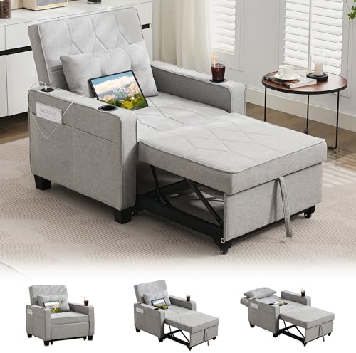 TYBOATLE Convertible Sleeper Chair Bed for Adults, 3-in-1 Pull Out Sofa Chair Bed with USB/Type-C Ports, Cup Holders, Side Pockets, Single Sofa for Living Room, Bedroom, Small Space (Grey)