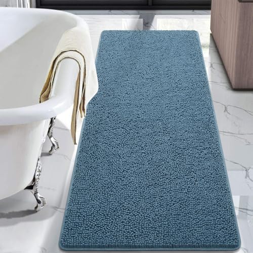 LOCHAS Luxury Bathroom Rug Shaggy Bath Mat 24 x 60 Inch, Washable Non Slip Bath Rugs for Bathroom Shower, Soft Plush Chenille Absorbent Carpets Mats, Denim Blue