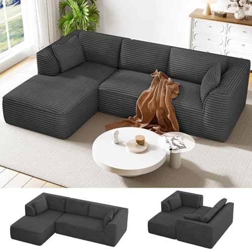 Vesgantti 106" Boneless Couch with Chaise, Deep Seat Comfy Cloud Modular Sofa Corduroy Memory Foam Sectional Couches for Living Room Bedroom, No Assembly Required (Grey, Left-Facing Chaise)
