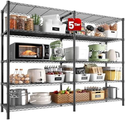 REIBII 5 Tier Wire Shelving Storage Shelves Loads 1430LBS, 58" W Metal Shelving for Storage Adjustable Shelving Unit Heavy Duty Garage Shelves Pantry Shelves Kitchen, Black