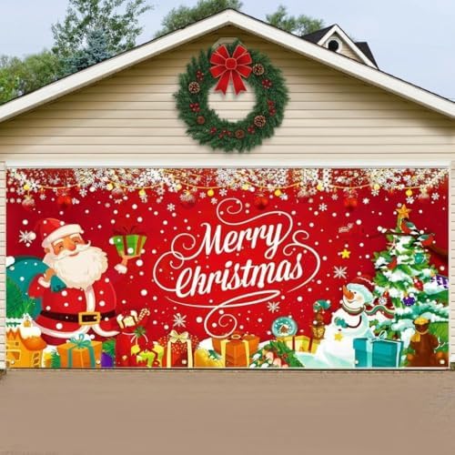 Brightown Christmas Garage Door Cover 7x16ft Decorations, with Magnetic Hook and Elastic Cord for Easy Installation, Christmas Decoration Banner Backdrop for 2 Car Garage Door Party Wall Gate (Red)