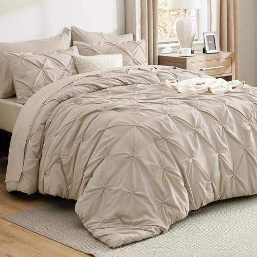 Bedsure California King Comforter Set Beige - Bed in a Bag California King Size 7 Pieces, GentleSoft™ Pintuck Bed Set Gift for Family, Pinch Pleat Beige Comforter with Sheets, Pillowcases & Shams