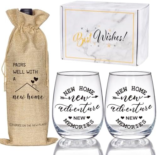 House Warming Gifts New Home, Housewarming Baskets Stemless Wine Glass & Bottle Bag Set for Newlywed Couple, Women, Friends, New Homeowner, Unique Closing Gift for Home Buyers, Clients