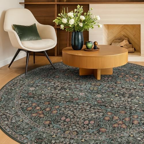Washable Large Round Area Rug for Living Room, Vintage Round Rugs 8ft Non Slip, Soft Circle Carpet for Bedroom Under Bed, Dining Room Under Kitchen Table, Dark Green Floral Décor