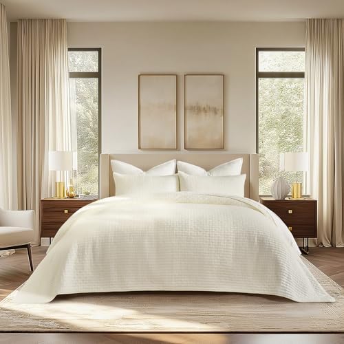 EVERGRACE Cross Stitch Pre-Washed Cotton Quilt Bedding Set King Size, Oversized 3 Pieces Lightweight Bedspread Coverlet for All Season, with 2 Matching Shams, Cream,108"x96"