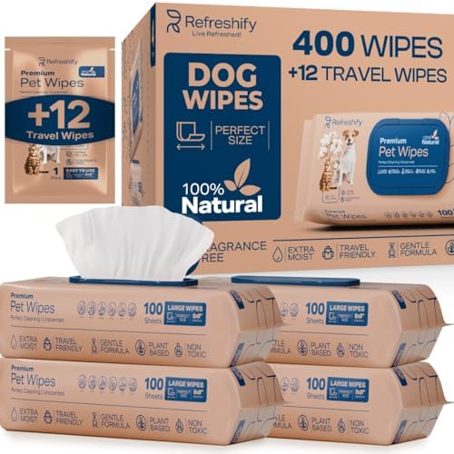 Pet Wipes for Dogs and Cats Plant Based – Unscented (Pack of 400) Dog Wipes for Paws and Butt - Deodorizing Non Toxic Dog Wipes, +12 Additional Travel Wipes