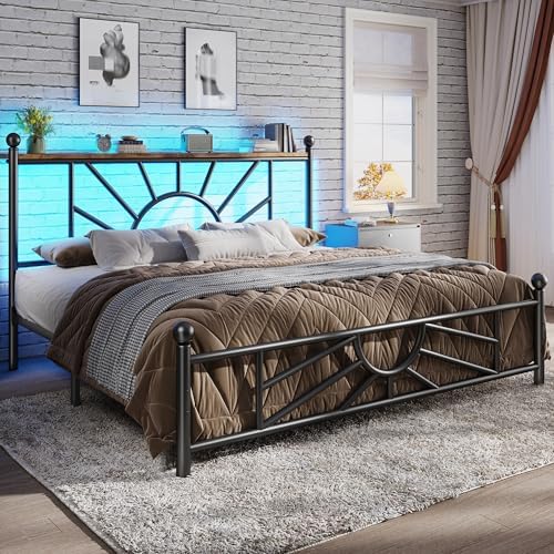 Metal Queen Bed Frame with Headboard and Footboard, Queen Size Bed Frame with LED Light, Mattress Foundation with Under Bed Storage/No Box Spring Needed/Noise-Free/Easy Assembly, Black