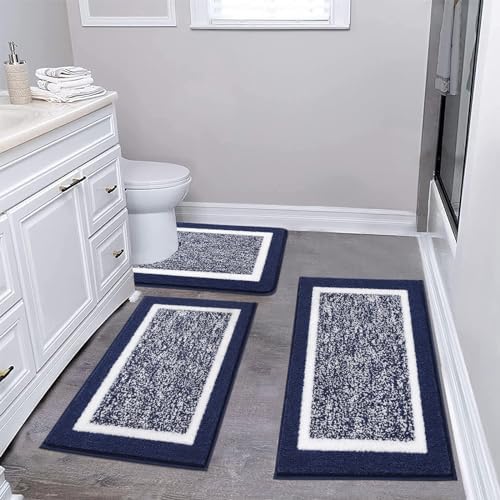 Pauwer Bathroom Rug Set - 3 Piece U-Shaped Contour Toilet Mat & Shower Rugs, Absorbent Microfiber Plush Bath Mats, Non Slip, Machine Washable Shaggy Bathroom Floor Mats, Navy