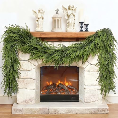 9FT Christmas Artificial Norfolk Pine Garland for Fireplace - Realistic Faux Greenery Fake Garland for Holiday,Table, Window,Mantel,Stairs, Home,Indoor Outdoor Decor (2PCS)