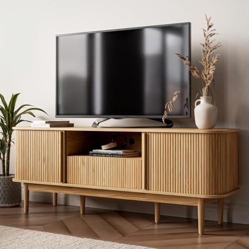 63" Tambour TV Stand, Fluted TV Stand for TVs up to 70'', Modern Entertainment Center with Storage, Wood Media Console with Sliding Doors for Living Room, Natural