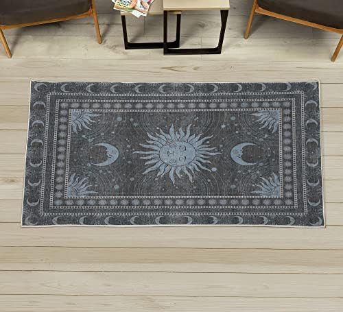 Ambesonne Sun and Moon Decorative Rug, Bohemian Artwork Design of Crescent Solar Ornament Esoteric Stars Ornaments, Quality Carpet for Bedroom Dorm and Living Room, 2' x 5', Pale Blue