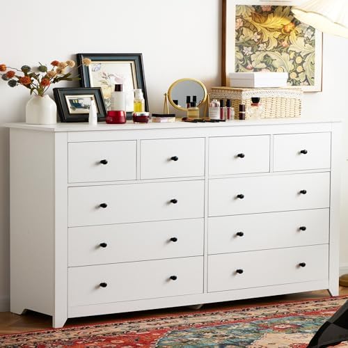EnHomee White 10 Drawer Dresser for Bedroom, Wide Chest of Drawers, Large Wooden Storage Dresser with Deep Drawers for Bedroom, Closet, Hallway
