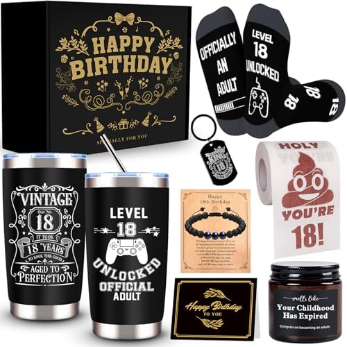 8 Pcs Happy 18th Birthday Gifts for Boys, 18 Year Old Boy Birthday Gifts Ideas with 20 Oz Tumbler, Funny Socks, Toilet Paper, Bracelet, Candles, Keychain for Son, Nephew, Grandson, Brother