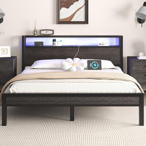 Queen Size Bed Frame with Storage Headboard and LED Lights, Industrial Platform Bed with Charging Station, Heavy Duty Metal Slats, No Box Spring Need, Noise Freee, Grey