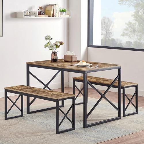 VECELO Kitchen Table with 2 Benches for 4, Wood Dining Room Dinette Sets for Breakfast Nook and Small Space, Brown
