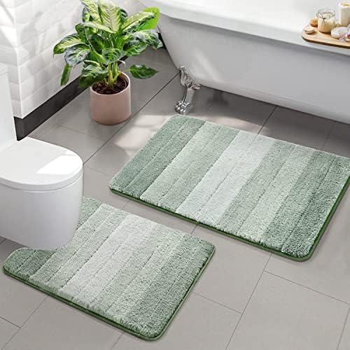 Kmson 2 Piece Ombre Bathroom Rugs Set with U-Shaped Mat, Non Slip,Quick Drying, Ultra Soft and Water Absorbent Bath Carpet for Bedroom Floor Living Room,Machine Washable Green