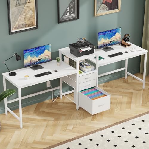 GYIIYUO 93'' Two Person Desk with LED Lights & Charging Station, Long Desk with 3 Drawers and Printer Shelf, Double Computer Desk, 2 Person Writing Study Table Workstation for Home Office, White