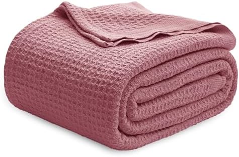 Bedsure 100% Cotton Blanket Queen Size for Bed - Breathable and Soft, Waffle Weave Blanket for Summer Spring, Dusty Rose, 90x90 Inches