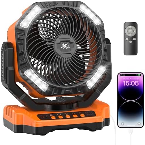 40000mAh Battery Powered Camping Fan - 136H Max Cooling, Rechargeable Battery Operated Oscillating Floor Fan with Charger, Remote & Hook, Portable for Tent Outdoor Patio Garage Hurricane Power Outage