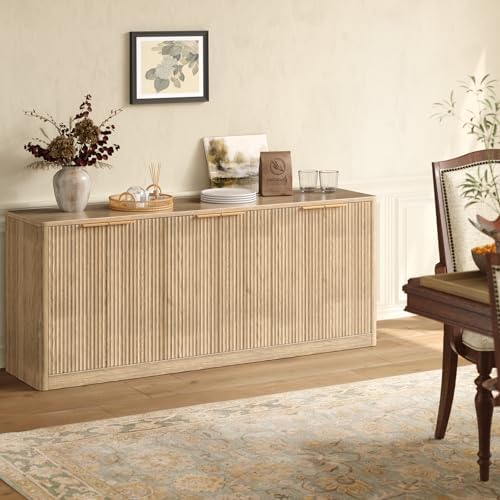 Evermagin 67" Fluted Oak Buffet Cabinet Sideboard with Storage, Large Credenza with 6 Doors, Wood Mid Century Modern Sideboard for Kitchen and Living Room (67"*31.5"*15.7")