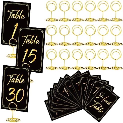 Thenshop 31 Sets Table Number Cards with Holders, 1-30 Numbers Head Table Card 2" Place Holder Stand for Wedding Anniversary Birthday Restaurant(Round,Black, Gold)
