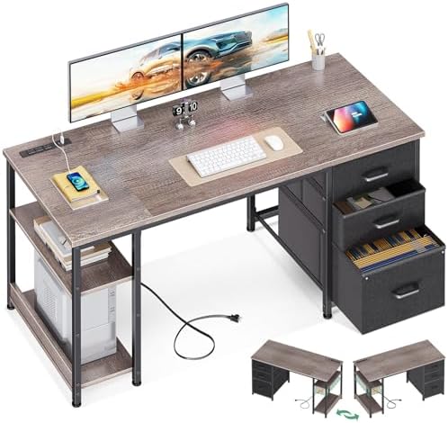 AODK 51 Inch Computer Desk with Fabric Drawers & USB Power Outlets - Reversible Home Office Desk with Storage Shelves, Work from Home, Modern Work/Writing/Study Table for Bedroom, Grey Oak