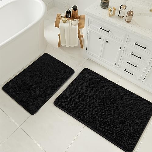 LOCHAS Bathroom Rugs Sets 2 Piece, 17 x 24 Plus 20 x 32 Inches Thick Non Slip Bath Rug Set, Absorbent Soft Chenille Bath Rug, Machine Washable Quick Dry Bath Mat for Bathroom Floor, Black