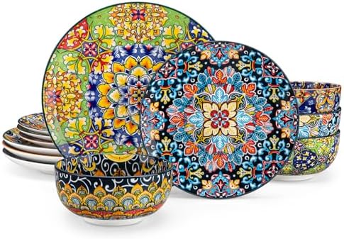 vancasso 12 Pieces Dinnerware Sets, Plates and Bowls Set, Porcelain Dishes Set for 4, Microwave and Dishwasher Safe, Scratch Resistant, Bohemian Style Dining Ware Service for 4, Series SIMI