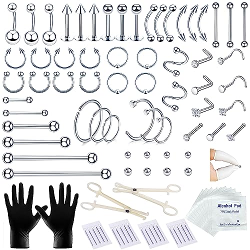 98 PCS Piercing Kit for All Body Piercings Stainless Steel Piercing Jewelry with 12G 14G 16G 20G Piercing Needles for Nose Cartilage Tragus Septum Lip Belly Button Eyebrow