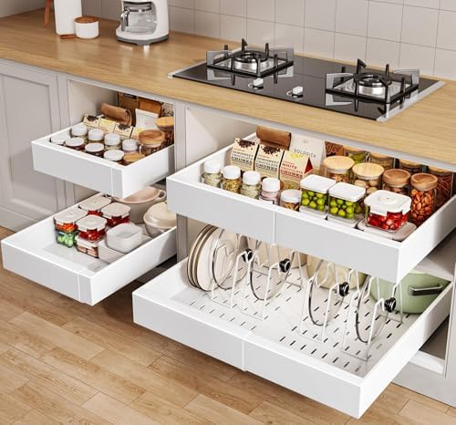 4 Pack Pull out Cabinet Organizer 21"Deep with Raising Pad for Framed Cabinets, Expandable Slide out Drawers for Kitchen Cabinets with 4pcs Divider Racks, Roll out Shelves 12.1"-20.4" W White