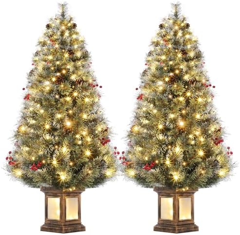 GAOMON 4.5ft Christmas Tree Pre-Lit Artificial Christmas Tree with Lighting Potted Base, Holiday Xmas Tree with 100 Warm White LED Lights Red Berries, Festival Decoration for Home, Entrances