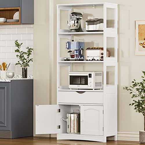 DICTAC Kitchen Pantry Storage Cabinets Freestanding Tall Bathroom Cabinet with Shelves and Drawer 64''H Sideboard Microwave Space Cupboard Organizer for Home Office,White, 23.62x13x64.06inch